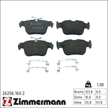 ZIMMERMANN 26206.160.2 Bremsbeläge nicht für Verschleißwarnanzeiger vorbereitet, mit Feder ZIMMERMANN 26206.160.2 Bremsbeläge nicht für Verschleißwarnanzeiger vorbereitet, mit Feder
