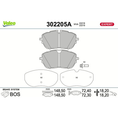 Valeo Bremsbelagsatz, Scheibenbremse EXPERT 302205A