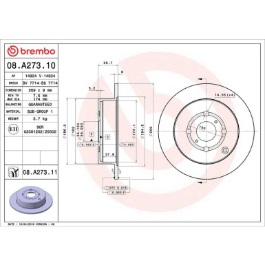 Brembo 2 x BREMBO Bremsscheibe PRIME LINE - UV Coated 08.A273.11