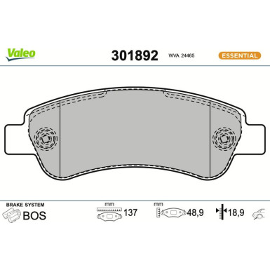 Valeo | Bremsbelagsatz, Scheibenbremse | 301892