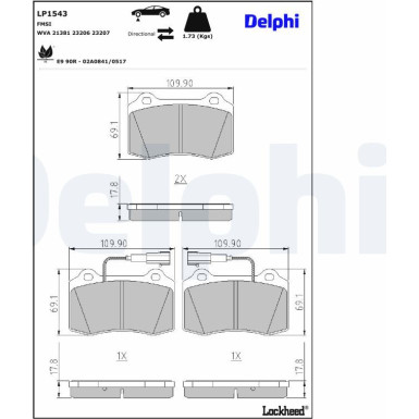 Delphi | Bremsbelagsatz, Scheibenbremse | LP1543