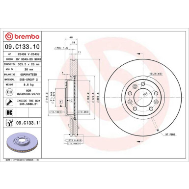 09.C133.11 Bremsscheibe PRIME LINE - UV Coated