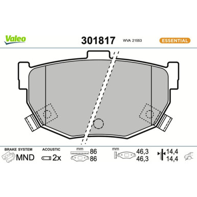 Valeo Bremsbelagsatz, Scheibenbremse ESSENTIAL 301817