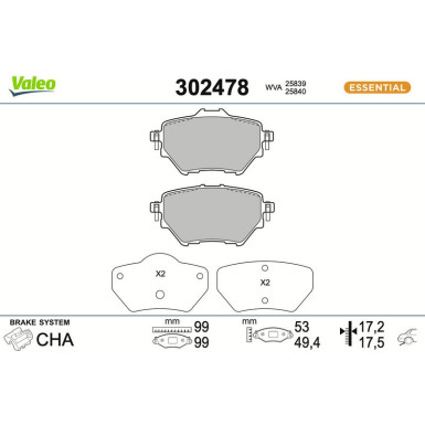 Valeo Bremsbelagsatz, Scheibenbremse ESSENTIAL 302478 Valeo Bremsbelagsatz, Scheibenbremse ESSENTIAL 302478