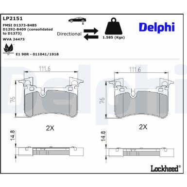 Delphi | Bremsbelagsatz, Scheibenbremse | LP2151