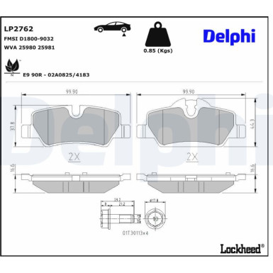 Delphi | Bremsbelagsatz, Scheibenbremse | LP2762
