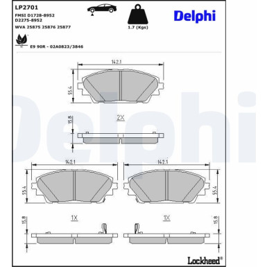 Delphi | Bremsbelagsatz, Scheibenbremse | LP2701 Delphi | Bremsbelagsatz, Scheibenbremse | LP2701