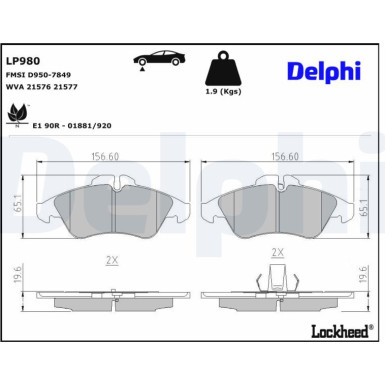 Delphi | Bremsbelagsatz, Scheibenbremse | LP980