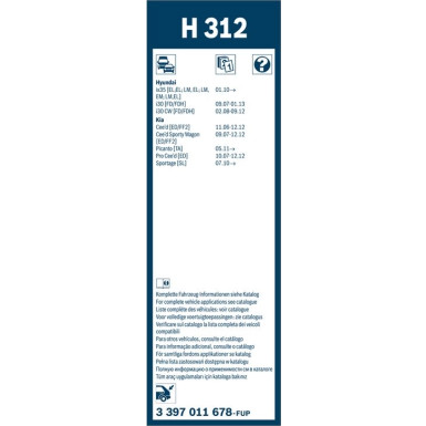 BOSCH H 312 Scheibenwischer Rear 3 397 011 678