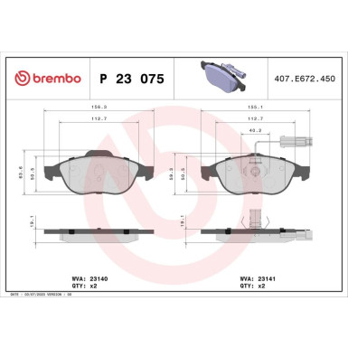 Brembo | Bremsbelagsatz, Scheibenbremse | P 23 075