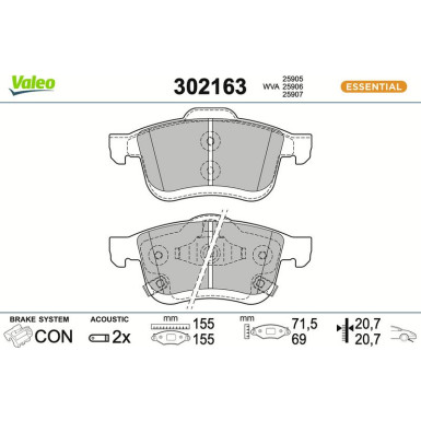 Valeo Bremsbelagsatz, Scheibenbremse ESSENTIAL 302163