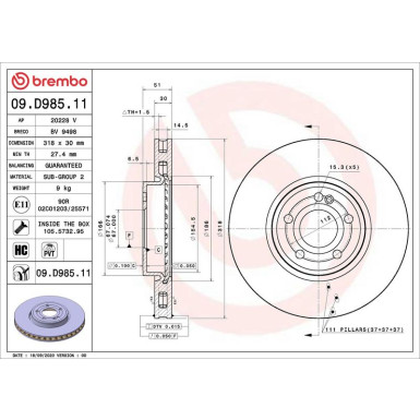 09.D985.11 Bremsscheibe PRIME LINE - UV Coated