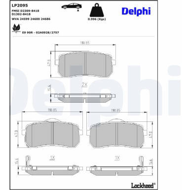 Delphi | Bremsbelagsatz, Scheibenbremse | LP2095