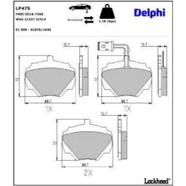 Delphi Bremsbelagsatz, Scheibenbremse LP475