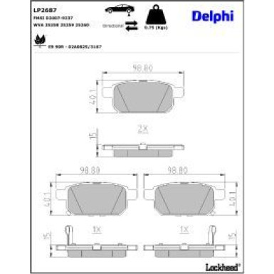 Delphi Bremsbelagsatz, Scheibenbremse LP2687 Delphi Bremsbelagsatz, Scheibenbremse LP2687