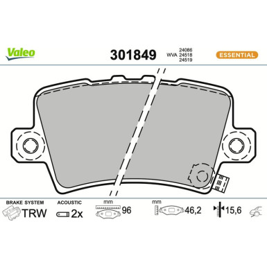 Valeo Bremsbelagsatz, Scheibenbremse ESSENTIAL 301849