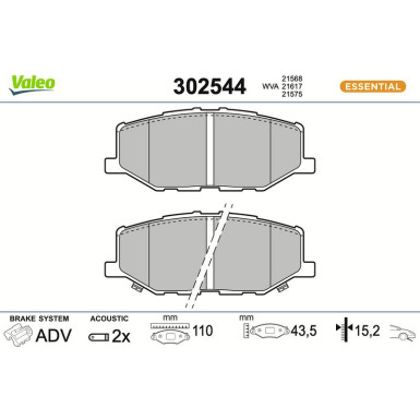 Valeo | Bremsbelagsatz, Scheibenbremse | 302544 Valeo | Bremsbelagsatz, Scheibenbremse | 302544