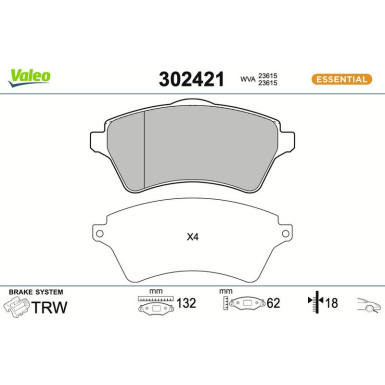 Valeo Bremsbelagsatz, Scheibenbremse ESSENTIAL 302421