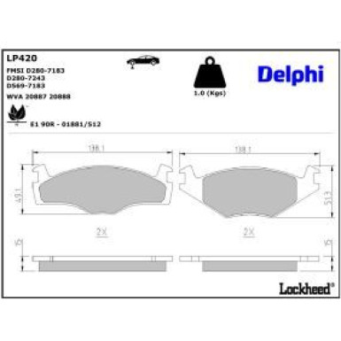 Delphi Bremsbelagsatz, Scheibenbremse LP420 Delphi Bremsbelagsatz, Scheibenbremse LP420
