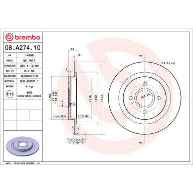 08.A274.10 Bremsscheibe PRIME LINE