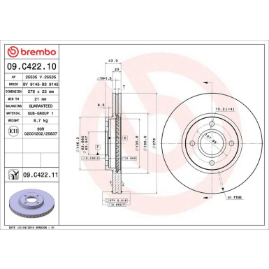 Brembo Bremsscheibe PRIME LINE - UV Coated 09.C422.11