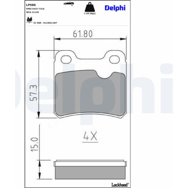 Delphi | Bremsbelagsatz, Scheibenbremse | LP586