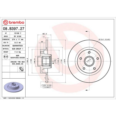 08.B397.27 Bremsscheibe PRIME LINE - With Bearing Kit