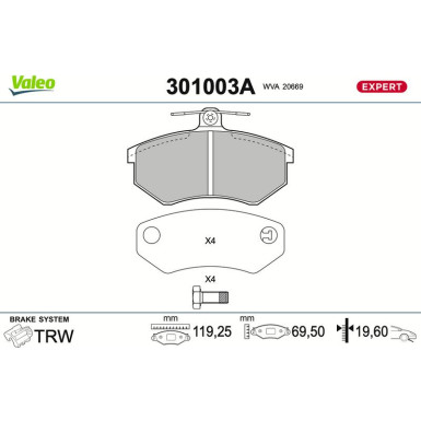 Valeo Bremsbelagsatz, Scheibenbremse EXPERT 301003A