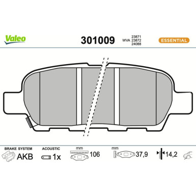 Valeo Bremsbelagsatz, Scheibenbremse ESSENTIAL 301009