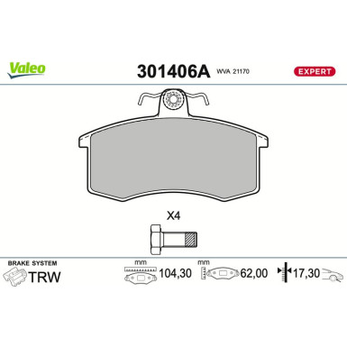 Valeo Bremsbelagsatz, Scheibenbremse EXPERT 301406A
