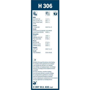 BOSCH H 306 Scheibenwischer Rear 3 397 011 432