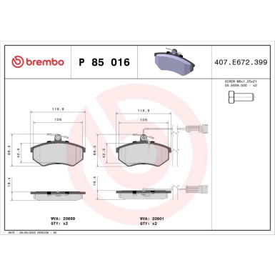 Brembo | Bremsbelagsatz, Scheibenbremse | P 85 016