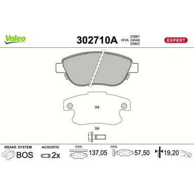 Valeo Bremsbelagsatz, Scheibenbremse EXPERT 302710A