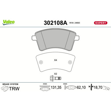 Valeo Bremsbelagsatz, Scheibenbremse EXPERT 302108A