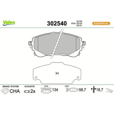 Valeo Bremsbelagsatz, Scheibenbremse ESSENTIAL 302540
