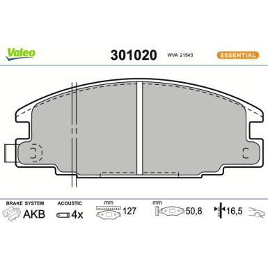 Valeo Bremsbelagsatz, Scheibenbremse ESSENTIAL 301020