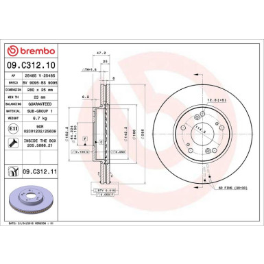 09.C312.11 Bremsscheibe PRIME LINE - UV Coated