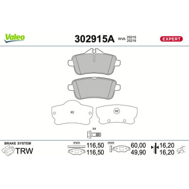 Valeo Bremsbelagsatz, Scheibenbremse EXPERT 302915A