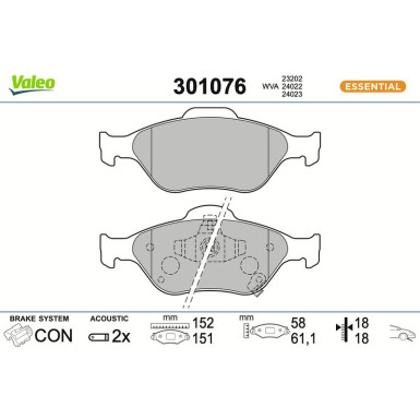 Valeo Bremsbelagsatz, Scheibenbremse ESSENTIAL 301076
