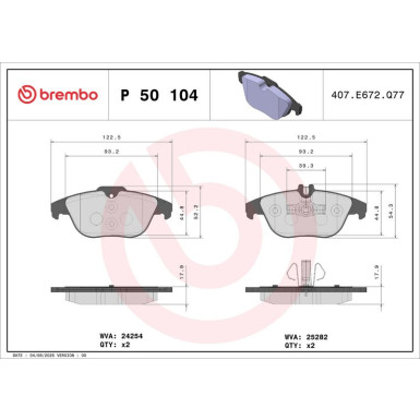 P 50 104 Bremsbelagsatz, Scheibenbremse PRIME LINE