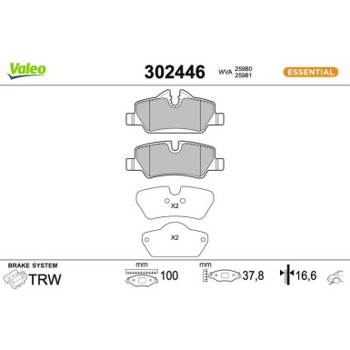 Valeo Bremsbelagsatz, Scheibenbremse ESSENTIAL 302446