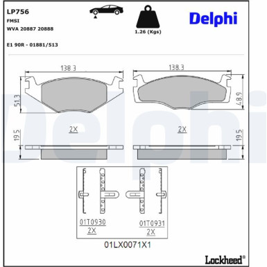 Delphi | Bremsbelagsatz, Scheibenbremse | LP756