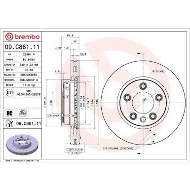 Brembo 2 x BREMBO Bremsscheibe PRIME LINE - UV Coated 09.C881.11