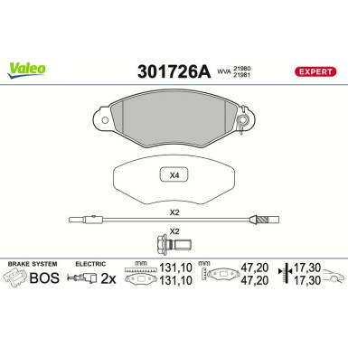 Valeo Bremsbelagsatz, Scheibenbremse EXPERT 301726A