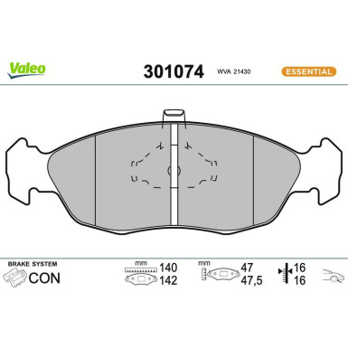 Valeo Bremsbelagsatz, Scheibenbremse ESSENTIAL 301074