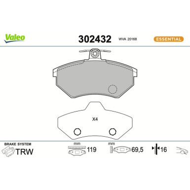 Valeo Bremsbelagsatz, Scheibenbremse ESSENTIAL 302432