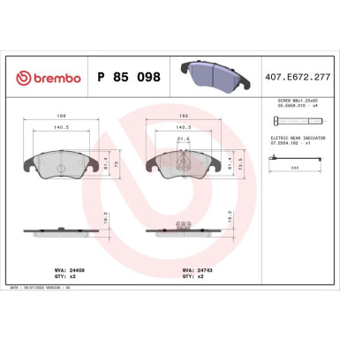 Brembo Bremsbelagsatz, Scheibenbremse PRIME LINE P 85 098