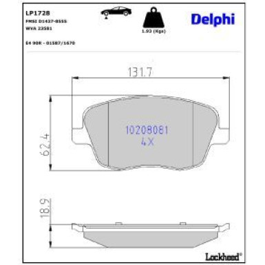 Delphi Bremsbelagsatz, Scheibenbremse LP1728 Delphi Bremsbelagsatz, Scheibenbremse LP1728
