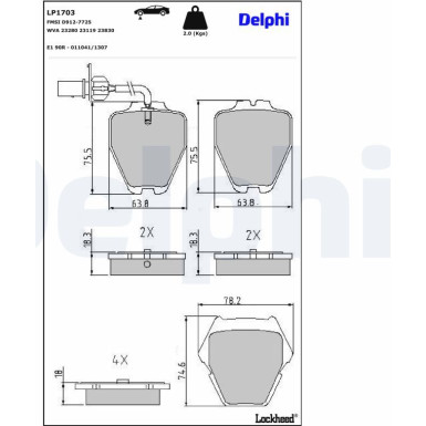 Delphi | Bremsbelagsatz, Scheibenbremse | LP1703
