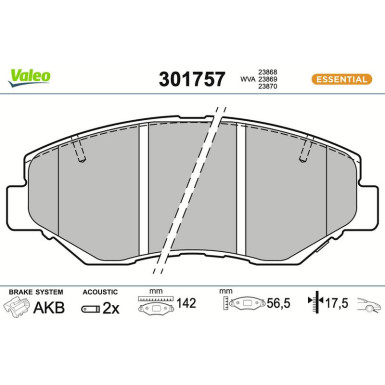 Valeo Bremsbelagsatz, Scheibenbremse ESSENTIAL 301757